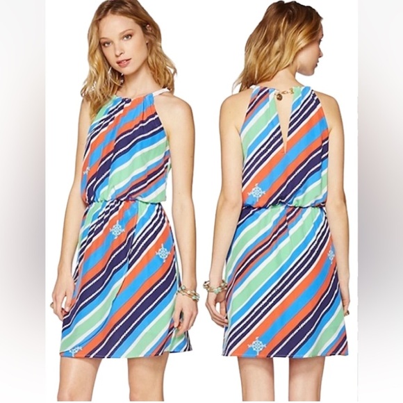 LILLY PULITZER KENNET OVERBOARD STRIPE BRAIDED CHAIN HALTER DRESS 100% SILK - Picture 2 of 14